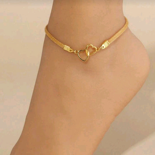 Gold-Plated Double Heart Anklet (Single-Piece)