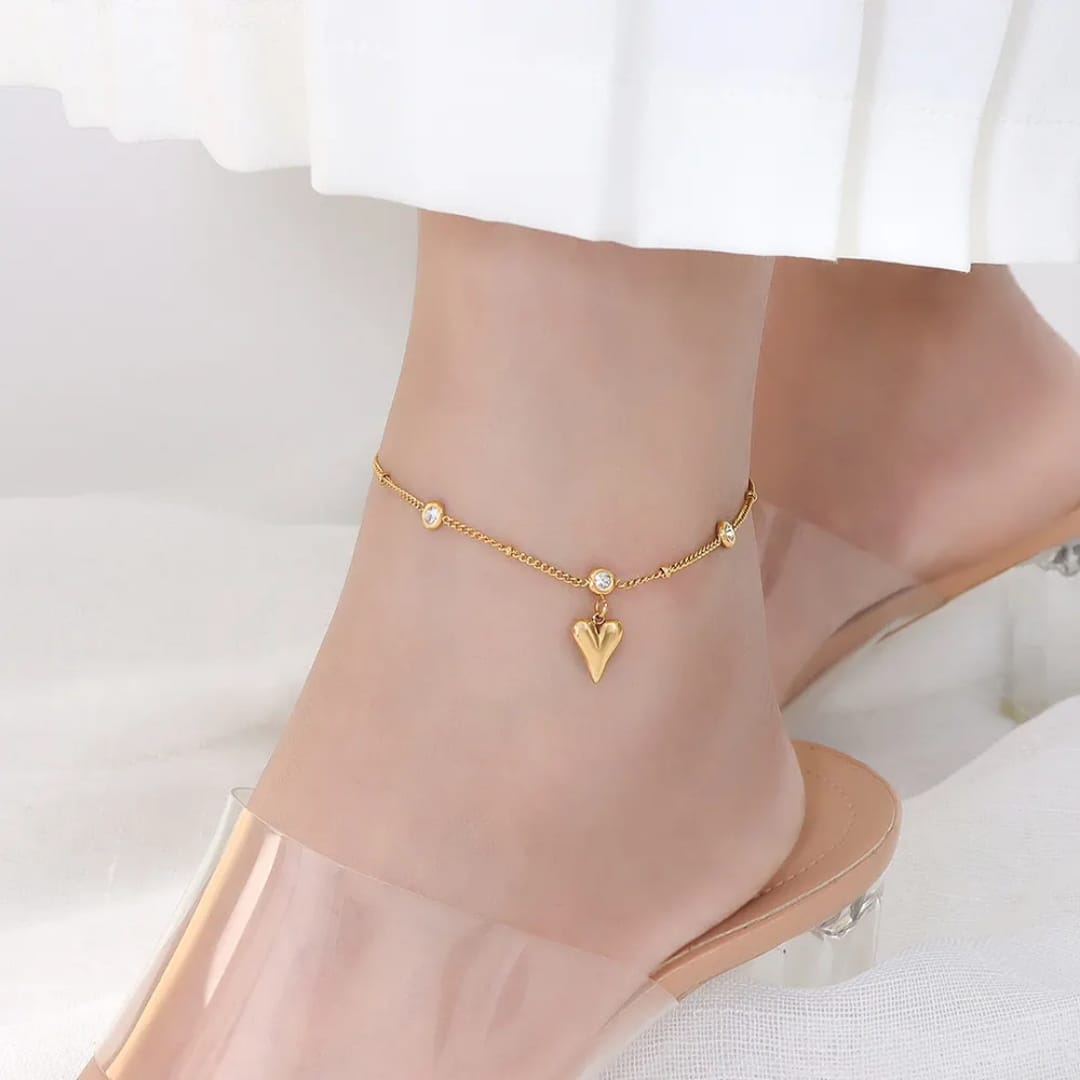 Heart in rhinestone anklet (single piece)