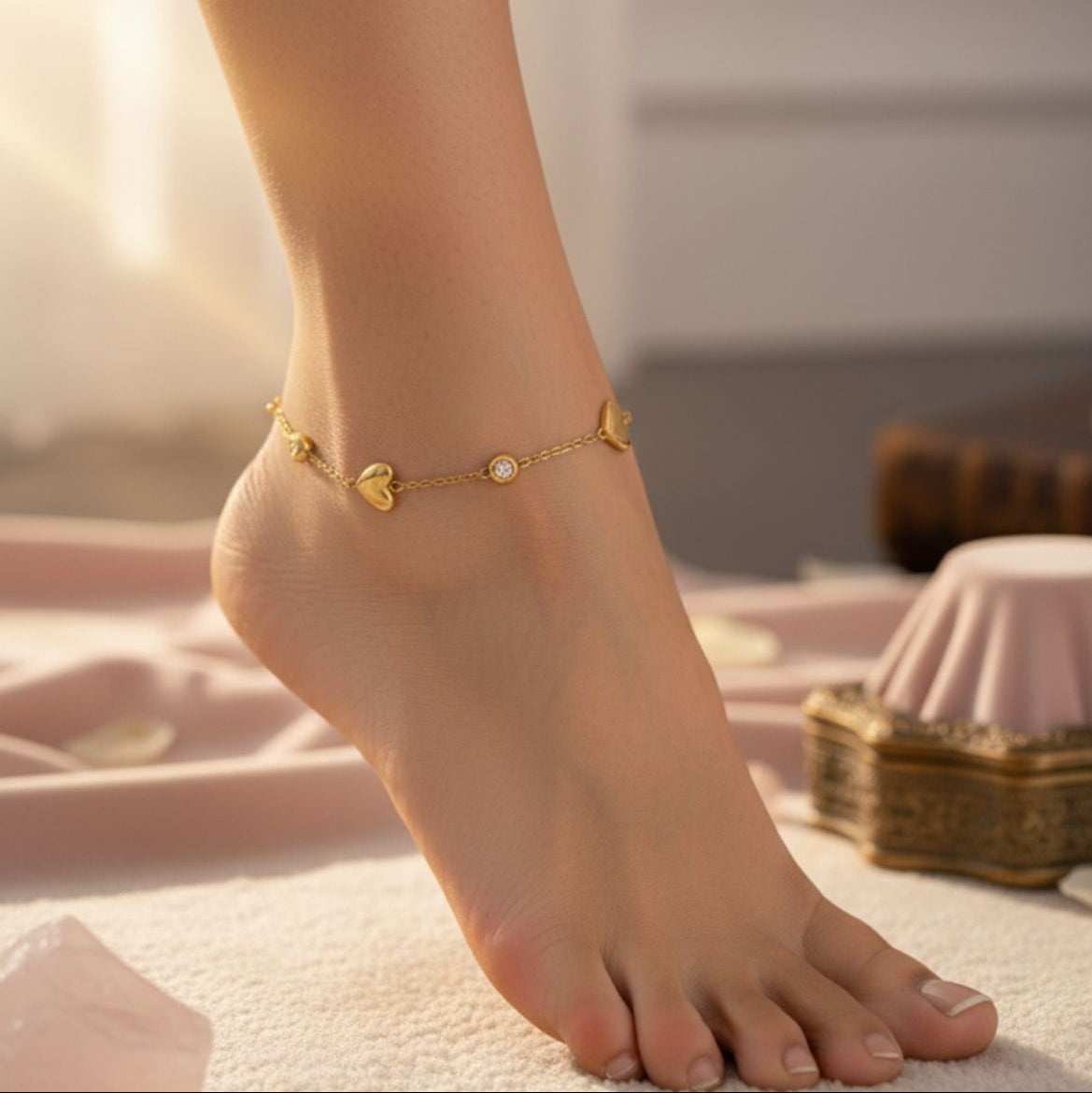 Heart and rhinestones Anklet (Single Piece)