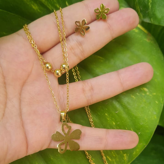 Stainless Steel Double Chain Flower Locket set