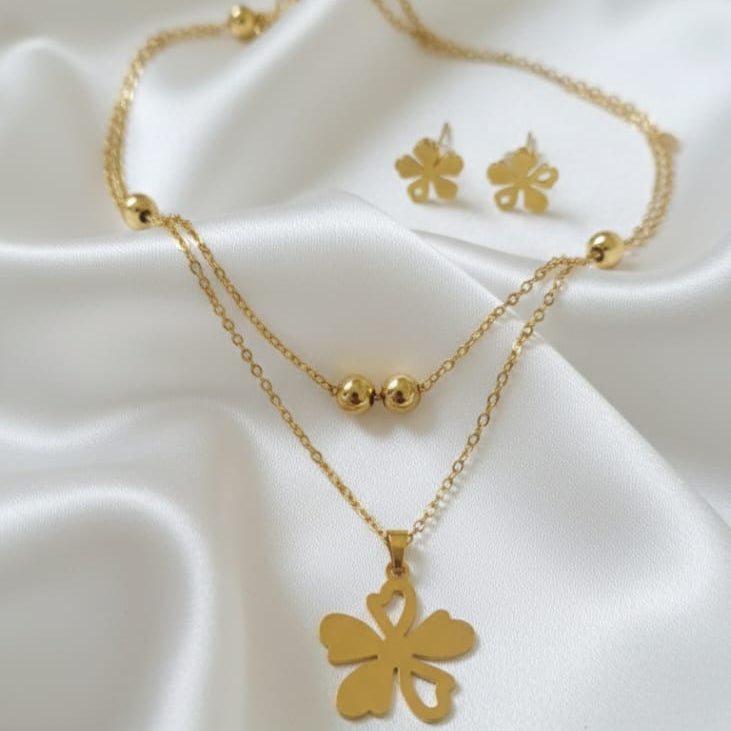 Stainless Steel Double Chain Flower Locket set
