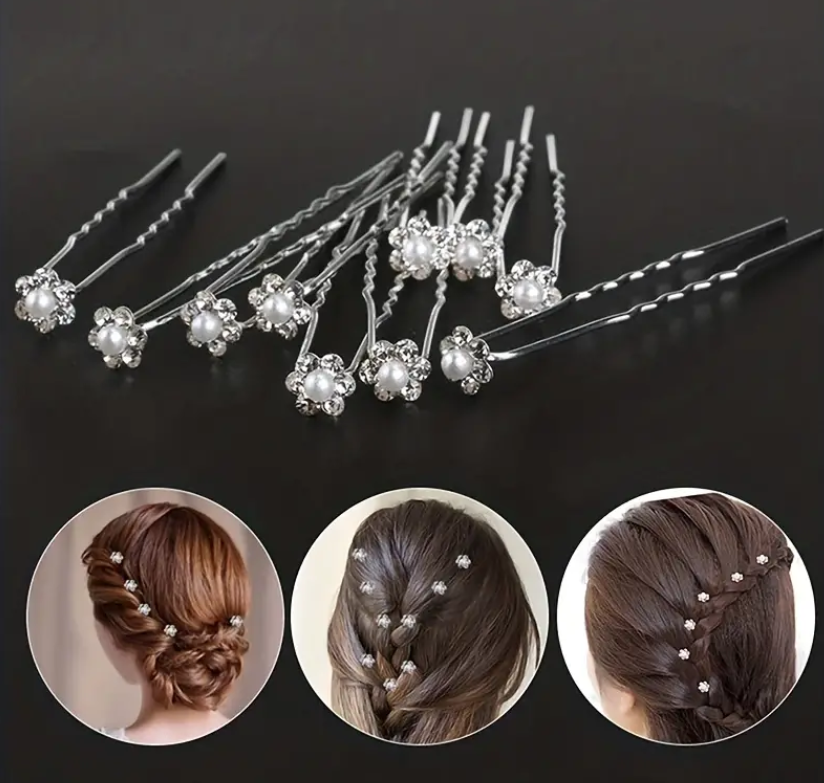 Rhinestone and Faux Pearl Hair bun pins (4piece)