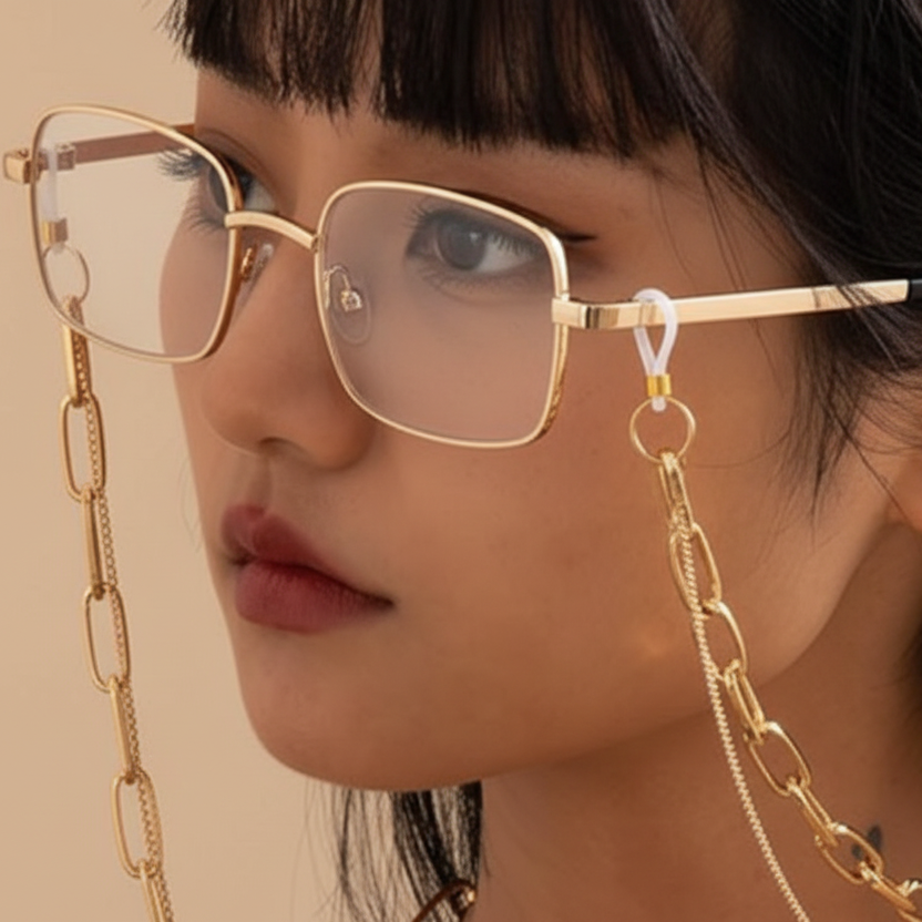 Person wearing sunglasses with a gold chain, close-up on face.