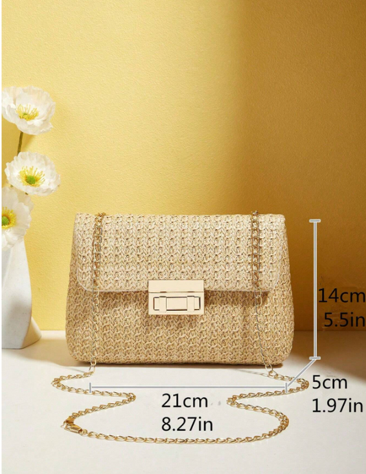 Fashionable Solid Color Gold Woven Crossbody Bag