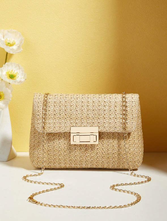 Fashionable Solid Color Gold Woven Crossbody Bag