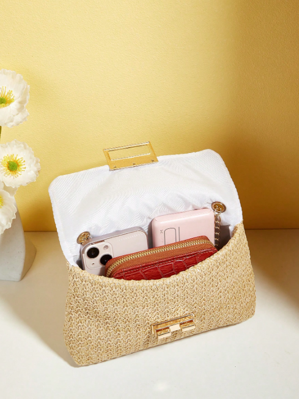Fashionable Solid Color Gold Woven Crossbody Bag