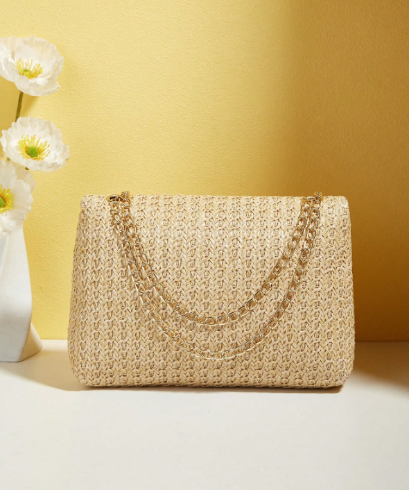 Fashionable Solid Color Gold Woven Crossbody Bag