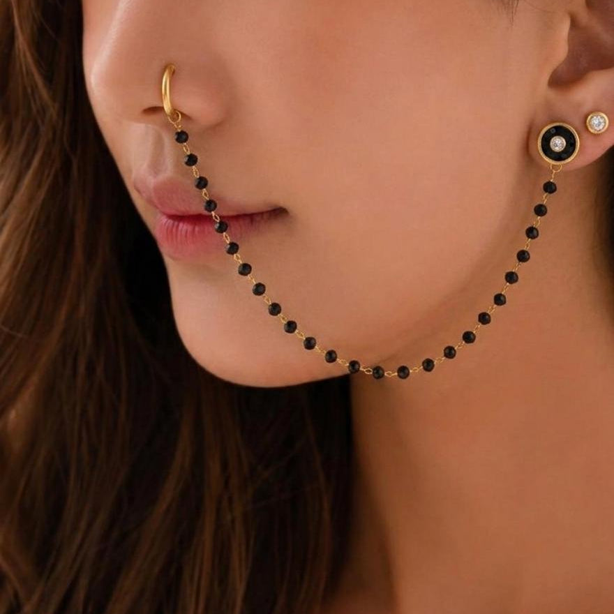 Nose Ring with Black chain & Ear studs (For Pierced nose and ears)