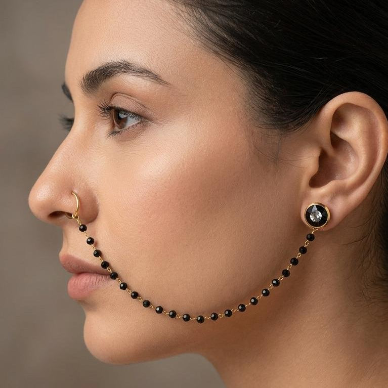 Nose Ring with Black chain & Ear studs (For Pierced nose and ears)