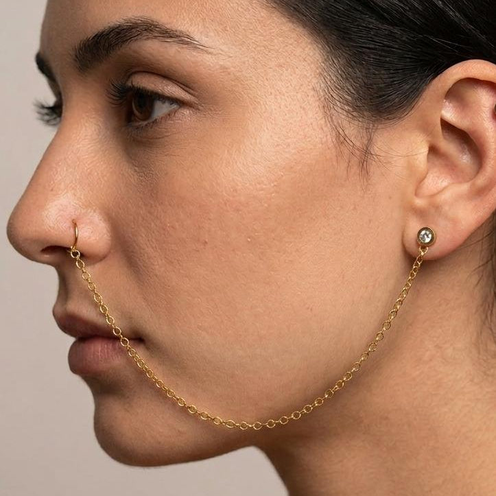Nose Ring with Golden Chain and Ear Studs (For Pierced Nose Only)